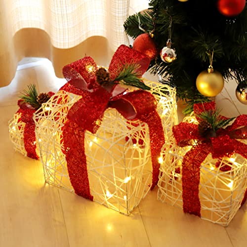 SALCAR Confezione regalo con decorazione LED da 3 pezzi, 20/14/10 cm Scatole luminose 8 modalità, Decorazione natalizia - Bianco caldo
