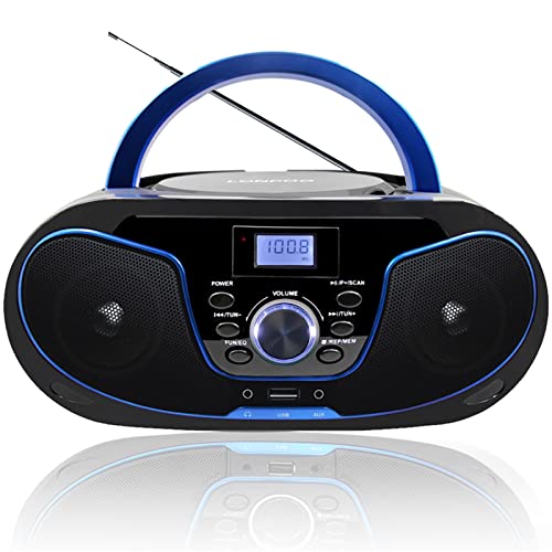 LONPOO Lettore CD Boombox Portatile - Stereo con Radio FM, Ingresso Bluetooth, USB, AUX, Uscita Auricolari, Audio Domestico Compatto, AC o Alimentato a Batteria