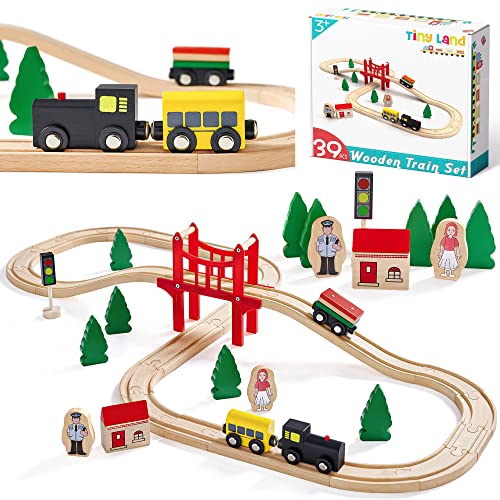 Tiny Land Pista Treno in Legno, Set Ferrovia in Legno (39 pcs) Pista Macchinine giochi legno bambini trenino natale