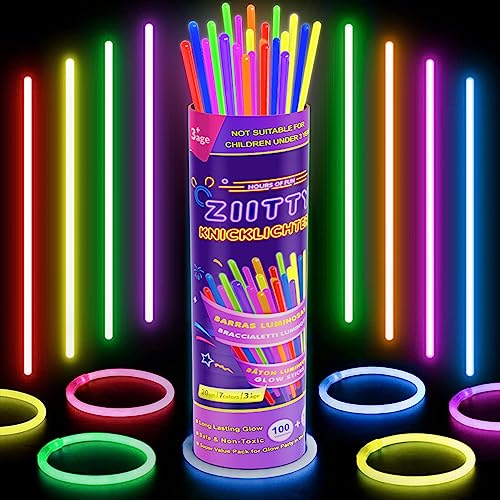 Ziitty Braccialetti Luminosi Fluorescenti, 7 colori Fluo Party Kit Bambini Adulti Starlight 100 Glow Sticks e Connettori per Bracciali Occhiali Gadget per Comleanno Feste Carnevale Capodanno Pasqua