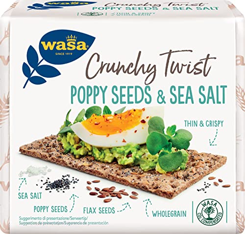 Wasa Crunchy Twist Poppy Seeds & Sea Salt, Cracker Integrali Ricchi di Fibre con Farina di Segale, Semi di Lino, Semi di Papavero e Sale Marino, Fette Sottili e Croccanti, Ideali come Snack, 245 g