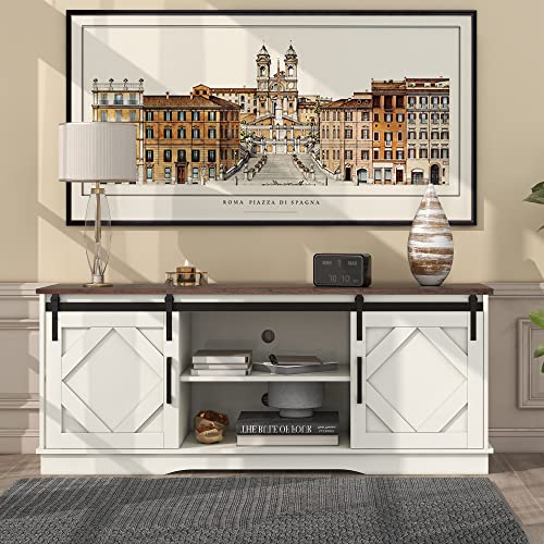Merax Credenza da cucina, design industriale, con 2 ante scorrevoli e ripiano regolabile, stile rustico, per soggiorno, sala da pranzo, bianco e marrone