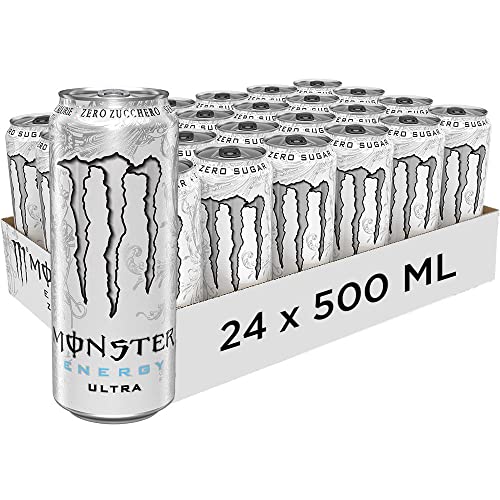 Monster Energy Ultra White – 24 Lattine da 500 ml, Energy Drink Zero Zuccheri e poche Calorie, Bevanda Energetica dal Gusto Leggero e Rinfrescante di Agrumi