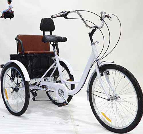 triciclo adulto per bici da donna 3 ruote bicicletta triciclo a 7 velocità 24 pollici comodo triciclo con sedile posteriore cestino regali per uomini e donne (bianco)