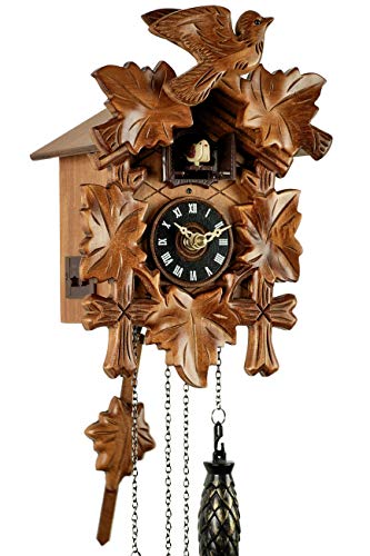 Eble, orologio a cucù, in vero legno, alimentato a batterie, a quarzo, suona il richiamo del cuculo, a cinque foglie, 22 cm