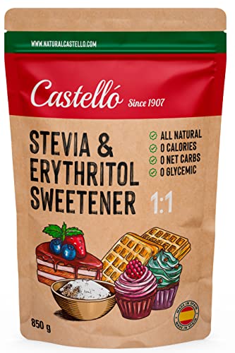 Dolcificante Stevia + Eritritolo 1:1 - Granulato - Sostituto dello zucchero 100% Naturale - Fatto in Spagna - Keto e Paleo - Castello since 1907 - Busta 850 g (1 g = 1 g di Zucchero (1:1))