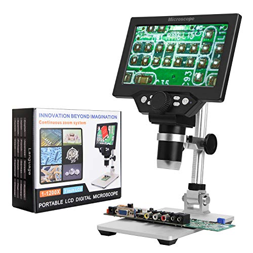 Microscopio Digitale LCD 1200X Display, Schermo Ruotabile HD da 7 Pollici, Regolabile con Batteria con 8 Luci a LED per Dimostrazione Didattica del Laboratorio/Riparazione del Telefono Cellulare