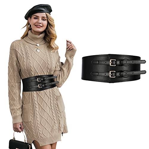 RUGUOA Cintura Elastica Vita Alta Cinturone Eleganti Donna Cintura a Fascia Pelle Cinta Larga per Vestito, Nera/Marrone