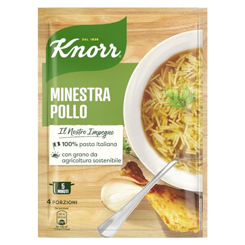 Knorr Minestra Pollo, Piatti Pronti Knorr con 100% Pasta Italiana, Grano da Agricoltura Sostenibile, Senza Coloranti e Conservanti Aggiunti, Fonte di Proteine, 16 Confezioni da 750ml