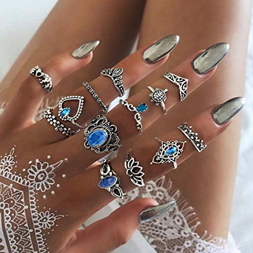 Mayelia Set di anelli in argento con cristalli Boho, anelli alla moda, per donne e ragazze, confezione da 13
