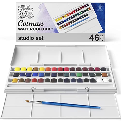 Winsor & Newton Cotman Watercolour, set da studio, 45 padelle mezze e 1 pennello rotondo per acquerello Cotman