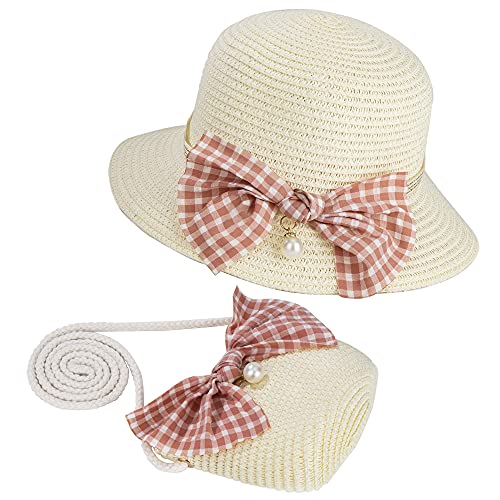 MengH-SHOP Cappello da Sole per Bambina Cappello di Paglia Cappello da Spiaggia Estivo e Mini Set di Borse con Decorazione a Fiocco per Viaggio Vacanze attività All'aperto (Bianco Latte)