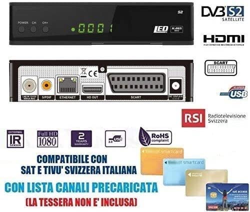 Decoder Satellitare Full HD Compatibile Con Tivu satellitare e Tv Svizzera Italiana S2 DVB-S2 HEVC H265 MAIN 10,Telecomando Universale 2 in 1 per il ricevitore e la TV