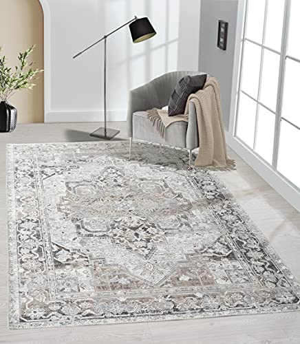 the carpet Elira - Tappeto in tessuto piatto, resistente, design moderno, effetto vintage, effetto usato, ultra piatto, in cotone, lavabile, orientale, grigio, ca. 140 x 200 cm