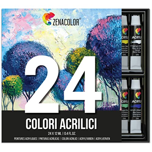 Zenacolor Set da 24 Tubetti di Pittura Acrilica, Colori Acrilici - Confezione da 24 x 12ml