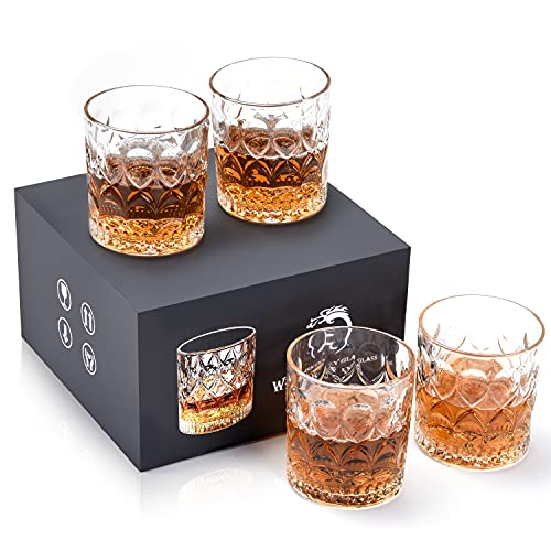 longyier Set di 4 Bicchieri da Whisky, 300ml Tumbler Basso Per Cocktail Bourbon Rum Cognac Vodka, Bicchiere Whisky Con Scatola di Lusso Adatti Come Dono Per Uomini e Donne