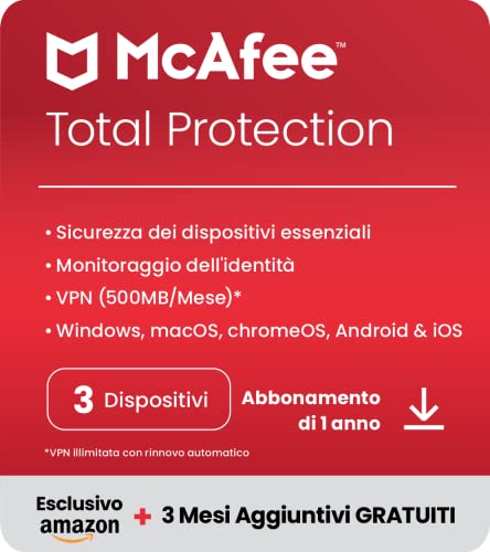 McAfee Total Protection 2023 | Esclusiva Amazon |3 dispositivi| Software antivirus per la sicurezza in Internet | VPN | 12 mesi + 3 | Codice d'attivazione via email