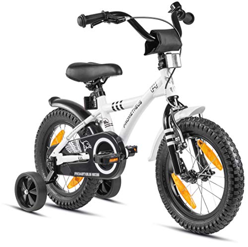 Prometheus - Bicicletta per bambini da 14 pollici, con ruote di supporto dai 3 ai 4 anni in su, con contropedale da 14 pollici, modello 2021, colore: Bianco/Nero