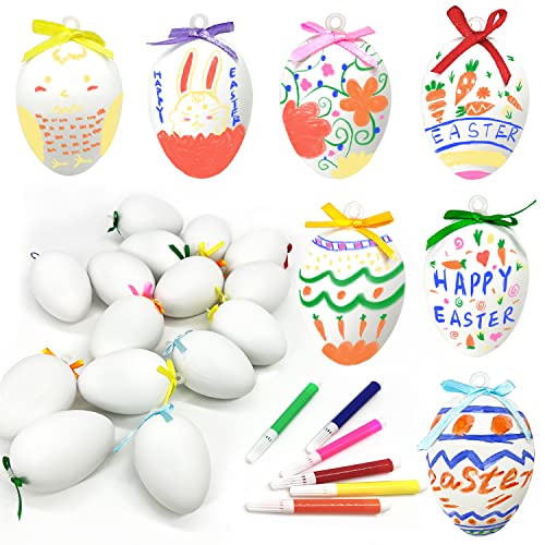 60 uova di Pasqua in plastica bianca con 12 penne coloranti, uova di Pasqua per pittura, uova di Pasqua, uova da appendere con cordino, artigianato pasquale, per appendere decorazioni, regali