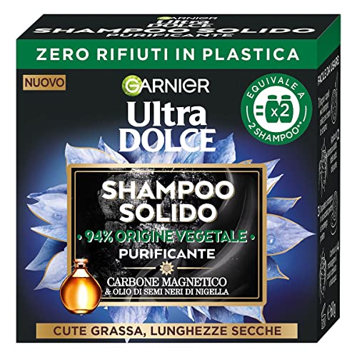 Garnier Ultra Dolce Carbone Magnetico, Shampoo Solido Purificante, 94% Origine Vegetale, Per Cute Grassa e Lunghezze Secche, Senza Siliconi, 60 g