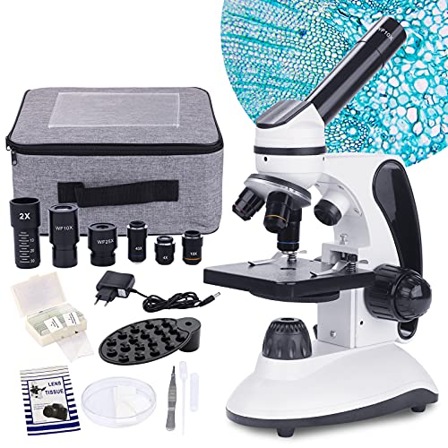 Microscopio monoculare 40X-2000X per studenti adulti,microscopio professionale per principianti con doppia illuminazione a LED con kit,lenti in vetro ottico,custodia per il trasporto,15 diapositive