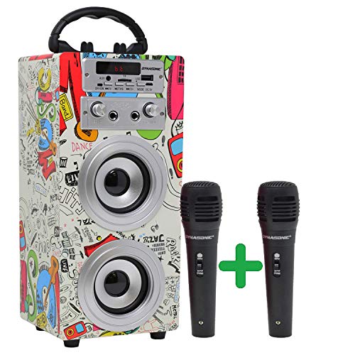 DYNASONIC - Cassa Bluetooth portatile (3a generazione) con modalità karaoke e microfono, radio FM e lettore SD USB (modello 2TWS, 2 microfoni)