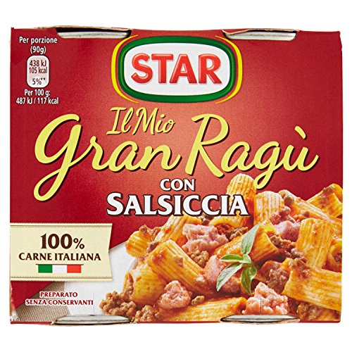 Star Il Mio GranRagù con Salsiccia, 2 x 180g, ragù tradizionale, 100% carne italiana controllata, con un tocco di pregiato Montepulciano d'Abruzzo Doc. Senza conservanti e senza glutine.