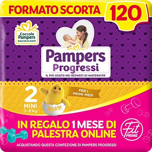 Pampers Progressi & Fit Prime Mini, Formato Scorta, 120 Pannolini, Taglia 2 (3-6 Kg), 1 mese di palestra online in omaggio