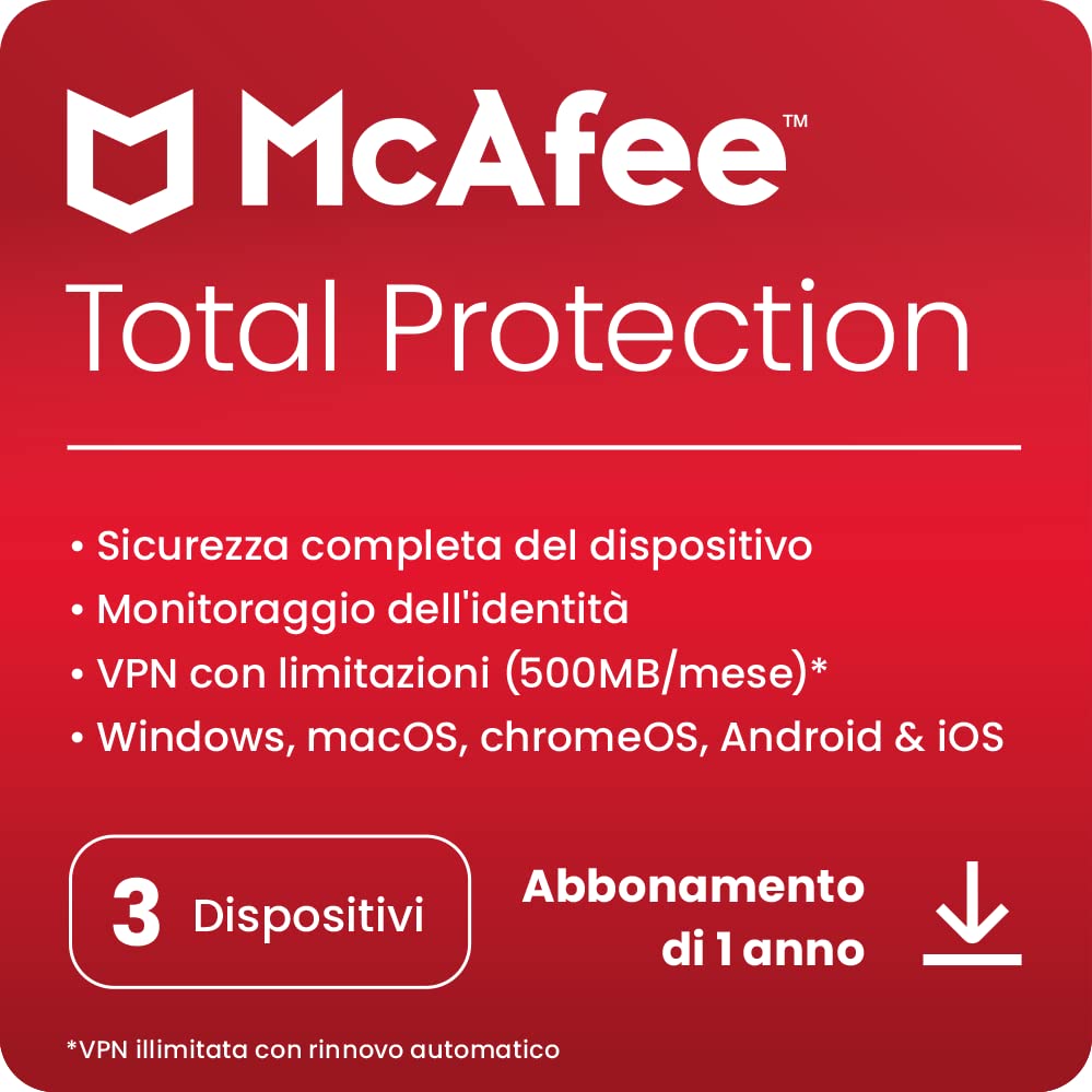 McAfee Total Protection 2023 | 3 dispositivi | Software antivirus per la sicurezza in Internet | VPN | Abbonamento di 1 anno | Codice d'attivazione via email