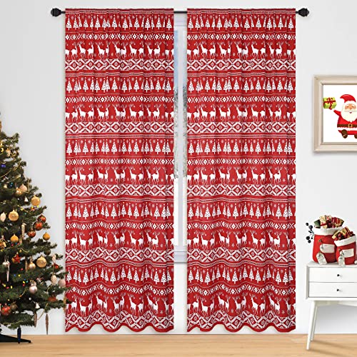 LinTimes Tende di Natale per soggiorno, albero di Natale e cervi, stile boho, in velluto, decorazione natalizia, tende per finestre di oscuramento della stanza, 2 pannelli, colore rosso