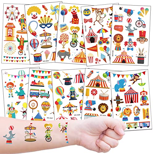 Tatuaggi Temporanei per Bambini, 10 Fogli Tatuaggi Finti Set per Bambini de Circo, Tatuaggio Impermeabile per Ragazze Ragazzi, Tatuaggio per Feste di Compleanno (Circo)