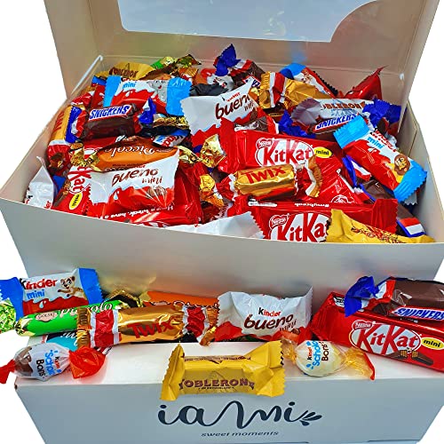 Assortimento di Mini Cioccolate da 100 Unità | Scatola Gourmet Cioccolatini MINI I Versioni Miniature di Kit Kat, Toblerone, Kinder Bueno, Twix, Snickers, Kinder Cioccolato, Schoko-bons. [IAMI]