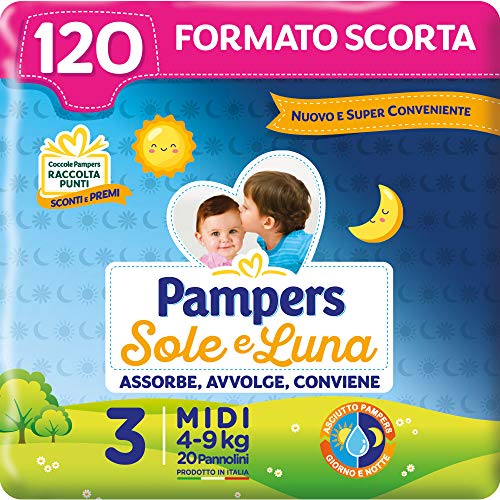 Pampers Sole e Luna Pannolini Midi, Taglia 3 (4-9 kg), 120 Pannolini