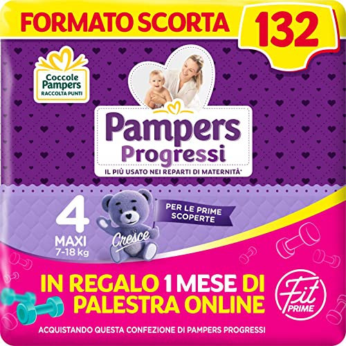 Pampers Progressi & Fit Prime Maxi, Formato Scorta, 132 Pannolini, Taglia 4, 7-18 Kg, 1 mese di palestra online in omaggio